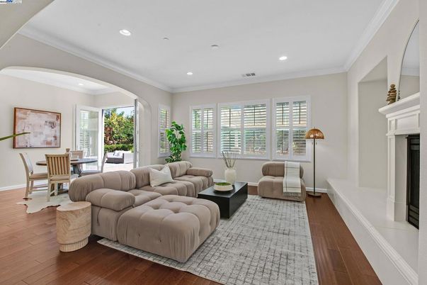Dining room, Fireplace, Interior, Living room, Recessed Lighting, Wood Texture Flooring