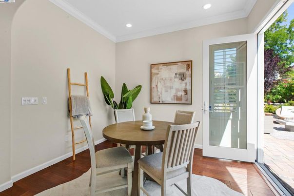 Dining room, Interior, Recessed Lighting, Wood Texture Flooring