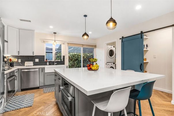 Interior, Kitchen, Pendant Lights, Recessed Lighting, Stainless Steel Appliances, Wood Texture Flooring