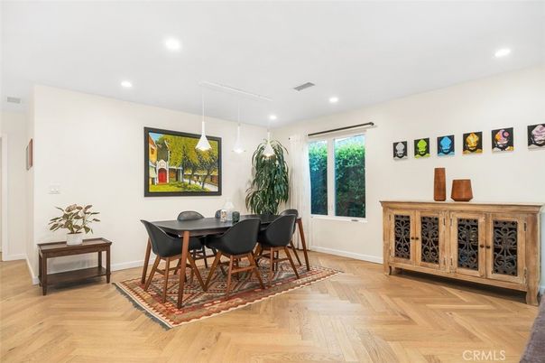 Dining room, Interior, Pendant Lights, Recessed Lighting, Wood Texture Flooring