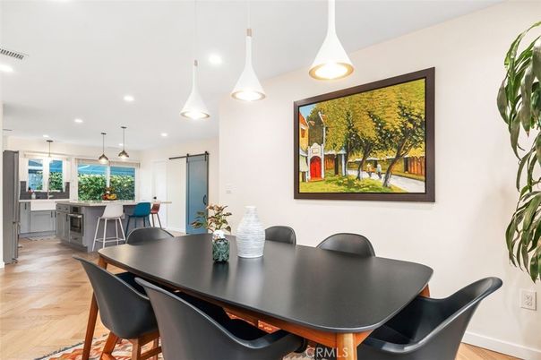 Dining room, Interior, Pendant Lights, Recessed Lighting, Wood Texture Flooring