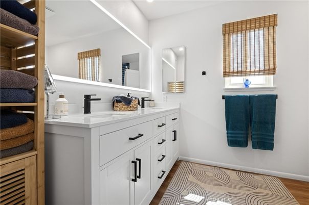 Bathroom, Dual Sink Vanities, Interior, Wood Texture Flooring