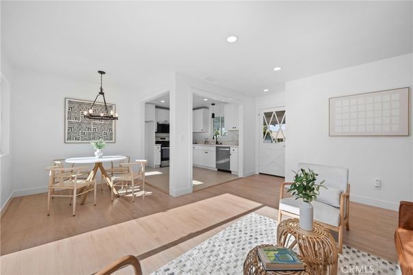 Dining room, Interior, Kitchen, Pendant Lights, Recessed Lighting, Stainless Steel Appliances, Wood Texture Flooring