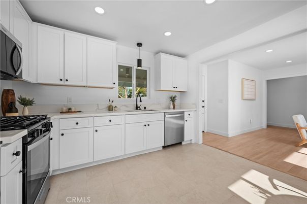 Interior, Kitchen, Pendant Lights, Recessed Lighting, Stainless Steel Appliances, Wood Texture Flooring