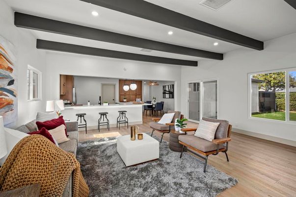 Dining room, Interior, Living room, Pendant Lights, Recessed Lighting, Wooden Beams, Wood Texture Flooring