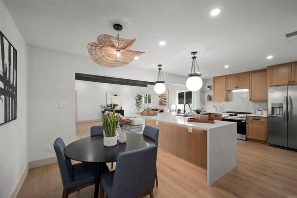Dining room, Interior, Kitchen, Pendant Lights, Recessed Lighting, Stainless Steel Appliances, Wood Texture Flooring