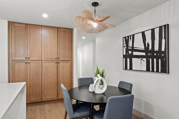 Dining room, Interior, Recessed Lighting, Wood Texture Flooring