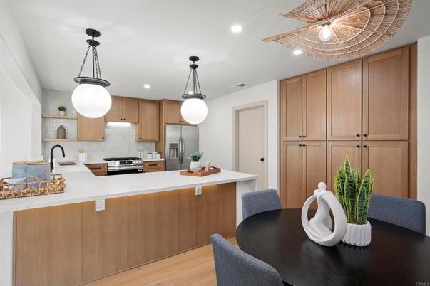 Interior, Kitchen, Pendant Lights, Recessed Lighting, Stainless Steel Appliances, Wood Texture Flooring