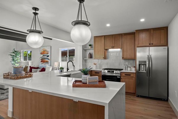 Interior, Kitchen, Pendant Lights, Recessed Lighting, Stainless Steel Appliances, Wood Texture Flooring