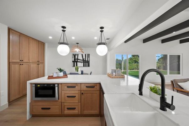Interior, Kitchen, Pendant Lights, Recessed Lighting, Wooden Beams, Wood Texture Flooring
