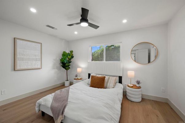 Bedroom, Interior, Recessed Lighting, Wood Texture Flooring