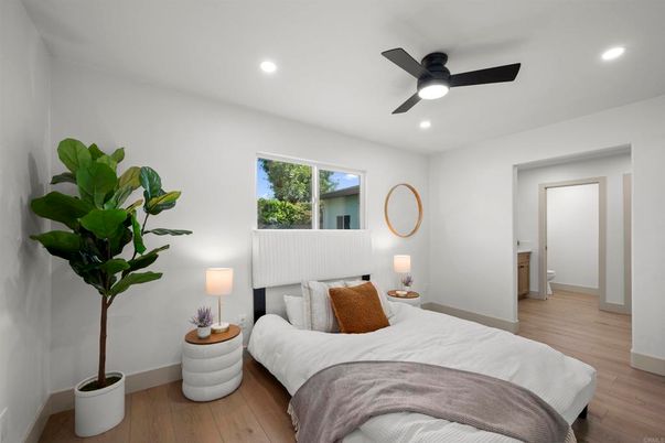 Bedroom, Interior, Recessed Lighting, Wood Texture Flooring