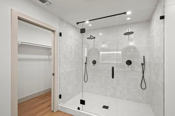 Bathroom, Glass Shower, Interior, Recessed Lighting, Wood Texture Flooring