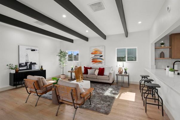 Interior, Living room, Recessed Lighting, Wooden Beams, Wood Texture Flooring