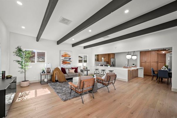 Dining room, Interior, Kitchen, Living room, Pendant Lights, Recessed Lighting, Wooden Beams, Wood Texture Flooring