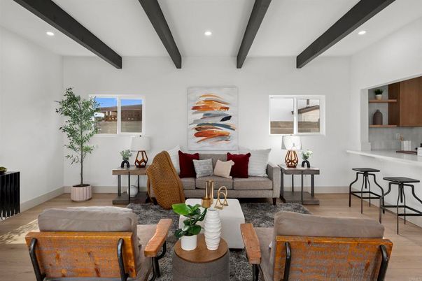 Interior, Living room, Recessed Lighting, Wooden Beams, Wood Texture Flooring