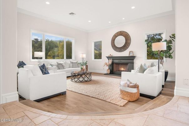 Fireplace, Interior, Living room, Recessed Lighting, Wood Texture Flooring