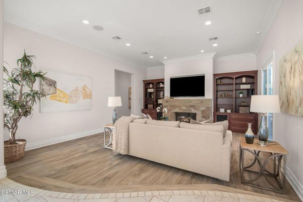Fireplace, Interior, Living room, Recessed Lighting, Wood Texture Flooring