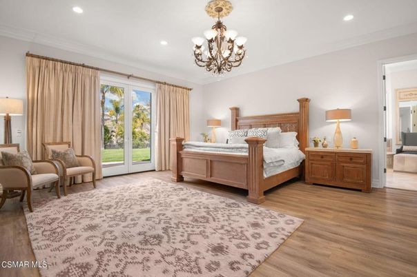 Bedroom, Chandelier, Interior, Recessed Lighting, Wood Texture Flooring