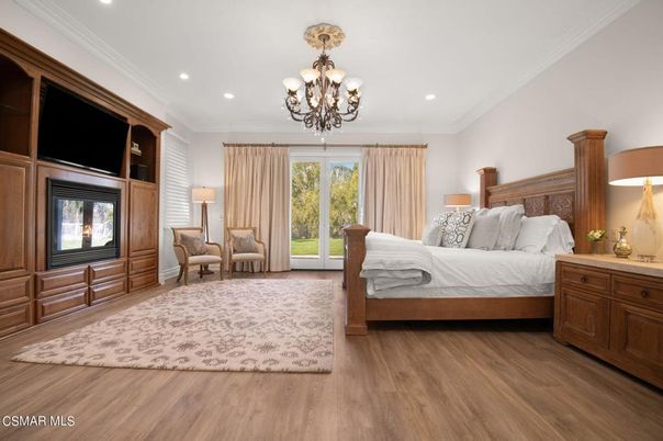 Bedroom, Chandelier, Interior, Recessed Lighting, Wood Texture Flooring
