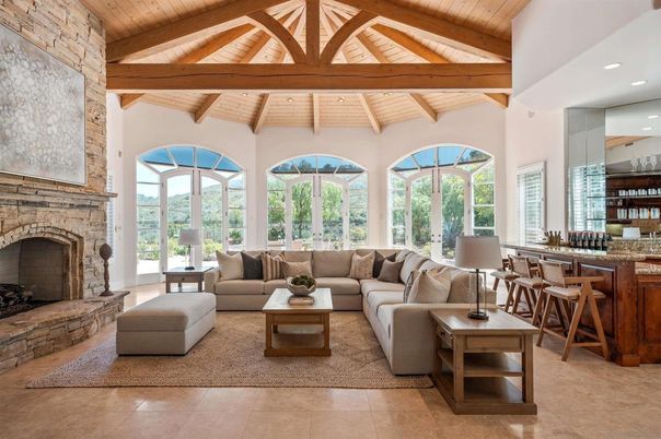 Fireplace, Interior, Living room, Recessed Lighting, Wooden Beams, Wooden Ceilings