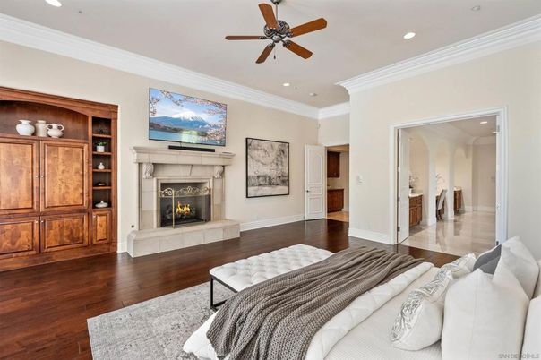 Bedroom, Fireplace, Interior, Living room, Recessed Lighting, Wood Texture Flooring