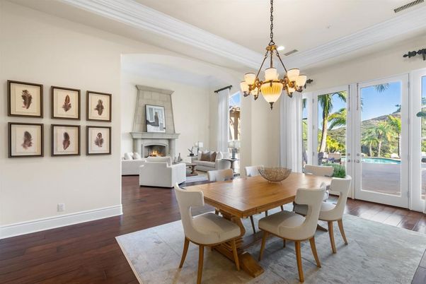 Chandelier, Dining room, Fireplace, Interior, Living room, Wood Texture Flooring