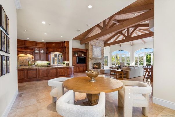 Fireplace, Interior, Kitchen, Living room, Recessed Lighting, Stone Walls, Wooden Beams, Wooden Ceilings