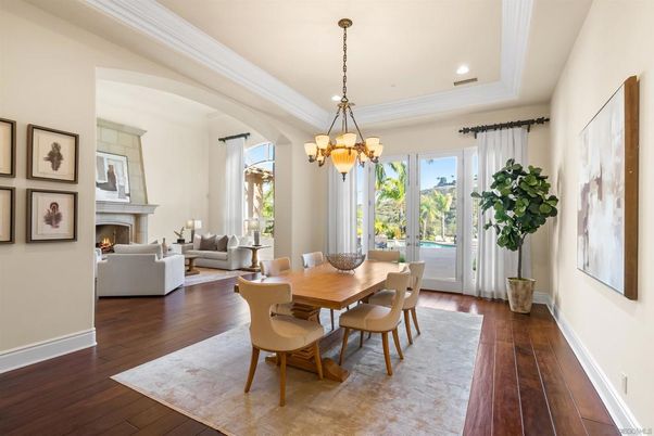 Chandelier, Dining room, Fireplace, Interior, Living room, Recessed Lighting, Wood Texture Flooring