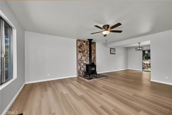 Empty room, Fireplace, Interior, Stone Walls, Wood Texture Flooring