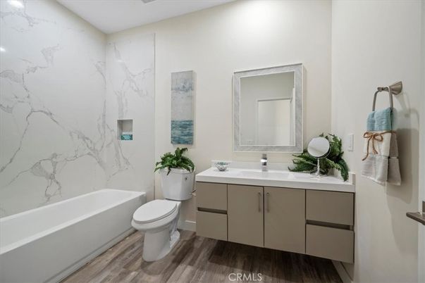 Bathroom, Interior, Marble Walls, Wood Texture Flooring