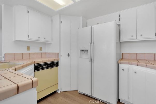 Interior, Kitchen, Tile Countertops, Wood Texture Flooring