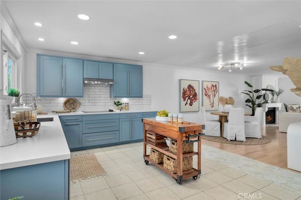Dining room, Fireplace, Interior, Kitchen, Living room, Recessed Lighting, Wood Texture Flooring