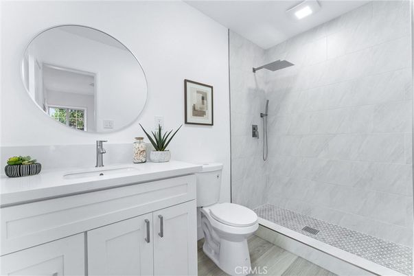 Bathroom, Glass Shower, Interior, Recessed Lighting, Wood Texture Flooring
