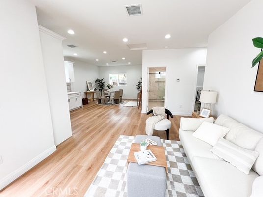 Dining room, Interior, Living room, Recessed Lighting, Wood Texture Flooring