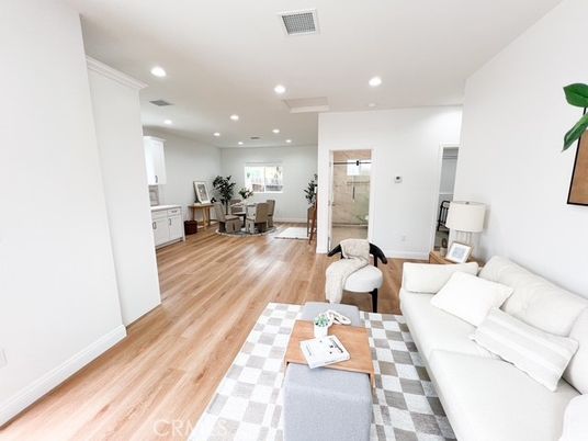 Dining room, Interior, Living room, Recessed Lighting, Wood Texture Flooring