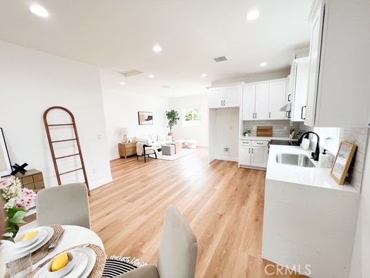 Dining room, Interior, Kitchen, Living room, Recessed Lighting, Wood Texture Flooring