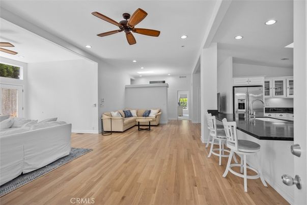 Interior, Kitchen, Living room, Recessed Lighting, Stainless Steel Appliances, Wood Texture Flooring