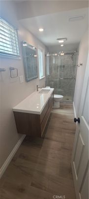 Bathroom, Glass Shower, Interior, Recessed Lighting, Wood Texture Flooring