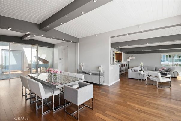 Dining room, Interior, Living room, Recessed Lighting, Wood Texture Flooring