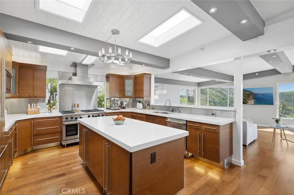 Chandelier, Interior, Kitchen, Pendant Lights, Recessed Lighting, Stainless Steel Appliances, Wood Texture Flooring
