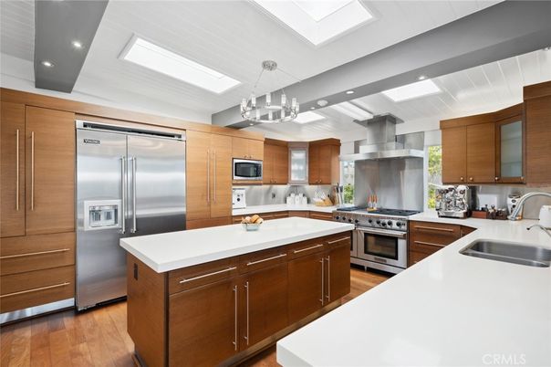 Chandelier, Interior, Kitchen, Recessed Lighting, Stainless Steel Appliances, Wood Texture Flooring