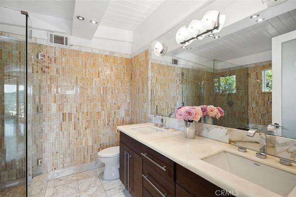 Bathroom, Dual Sink Vanities, Glass Shower, Interior, Marble, Recessed Lighting