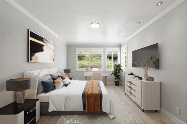 Bedroom, Interior, Recessed Lighting, Wood Texture Flooring