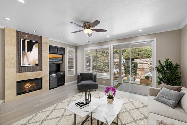 Fireplace, Interior, Living room, Recessed Lighting, Wood Texture Flooring