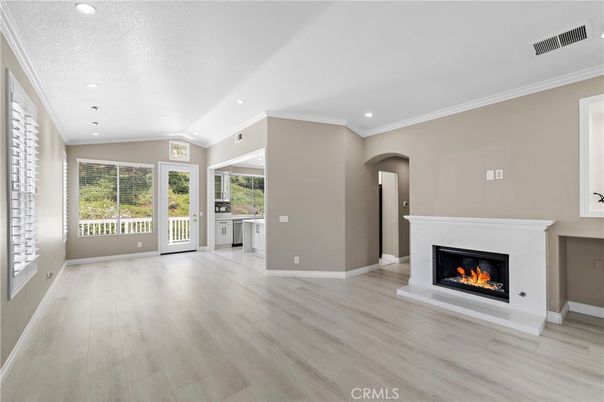 Empty room, Fireplace, Interior, Recessed Lighting, Wood Texture Flooring