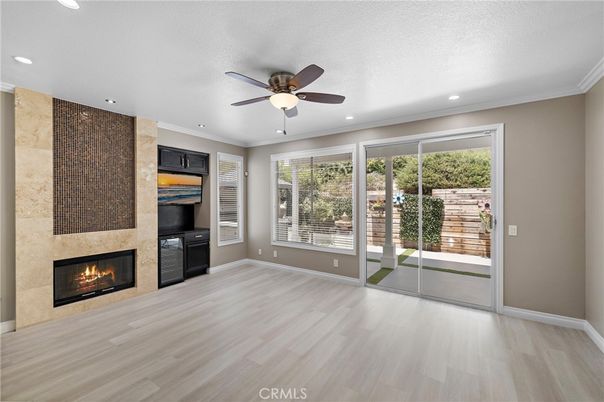 Empty room, Fireplace, Interior, Recessed Lighting, Wood Texture Flooring