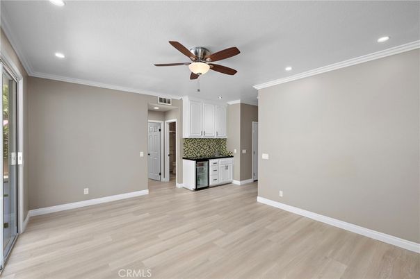 Empty room, Interior, Kitchen, Recessed Lighting, Wood Texture Flooring