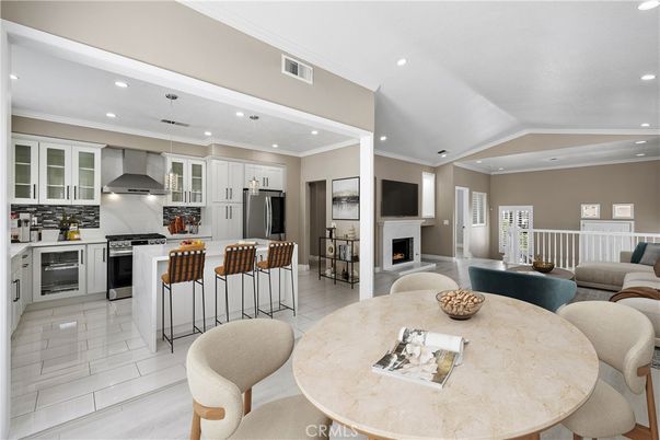 Dining room, Fireplace, Interior, Kitchen, Living room, Pendant Lights, Recessed Lighting, Stainless Steel Appliances