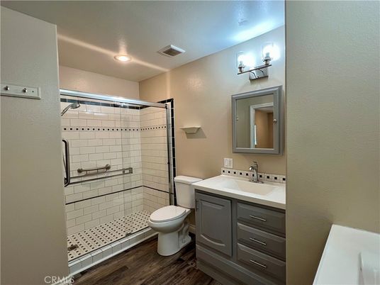 Bathroom, Glass Shower, Interior, Recessed Lighting, Wood Texture Flooring